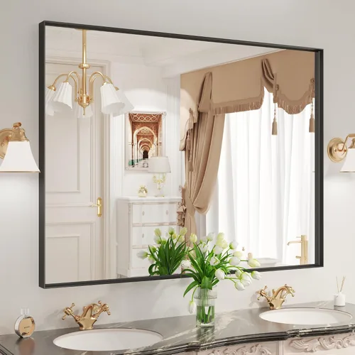Miniatura 9 de LOAAO Espejo de Baño Rectangular de 22"X30" Negro para Pared, Marco de Aleación de Aluminio Negro Mate, Se Cuelga Vertical u Horizontalmente, Fácil