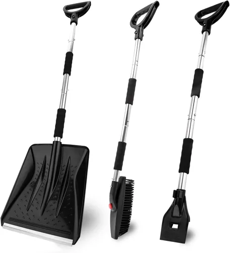 Kit de pala de nieve portátil 3 en 1 con raspador de hielo y cepillo de nieve, diseño plegable de emergencia, conjunto removedor de nieve para