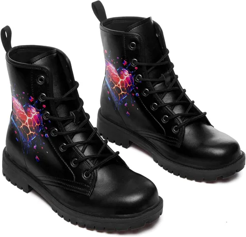 Miniatura 3 de Botines de combate para mujer, con estampado de corazón, botines cortos de moda con rosas y calavera, botas de trabajo duraderas con cordones