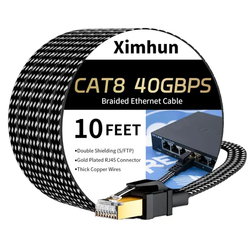 Cable Ethernet Cat 8 de 10 pies, Cable de Internet Trenzado de Alta Velocidad Cable de Red con Conector RJ45 40Gbps 2000Mhz Cable LAN de Servicio