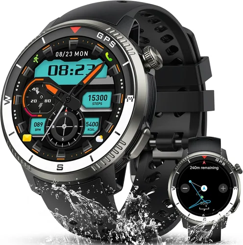 Reloj inteligente militar (respuesta/hacer llamadas), reloj inteligente GPS para hombres y mujeres, pantalla AMOLED HD de 1.43", rastreador de