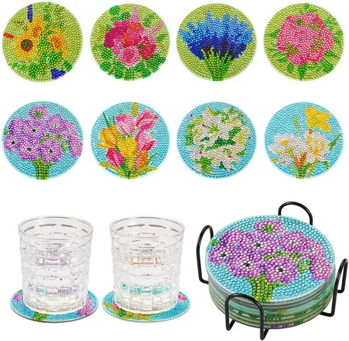 Miniatura 16 de FASHEWELRY 8 posavasos de arte de diamante con soporte para abejas, kit de posavasos de pintura de diamantes para bebidas, kits de arte de diamantes