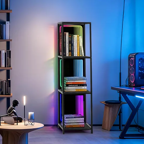 Miniatura 7 de FUSLITE Armario de almacenamiento de 3 niveles con luz LED de espejo infinito, vitrina RGBW con temperatura de color ajustable para dormitorio