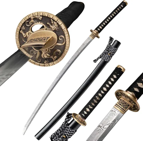 Espada Katana KAWANO, espada japonesa de Damasco de acero plegable hecha a mano, espada samurái de lama completa funcional, mango de Rayskin real