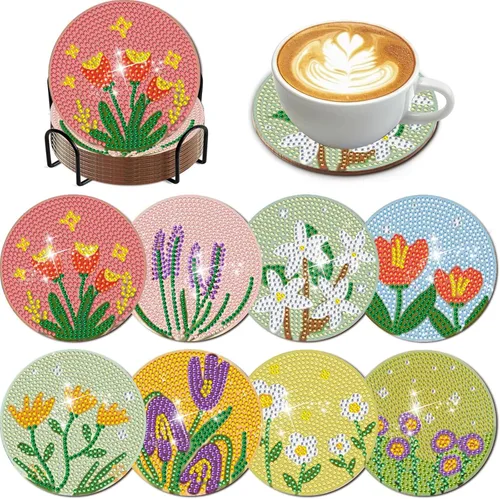 Miniatura 8 de DOTZSO Juego de 8 posavasos de arte de diamante con soporte, kits de arte de diamantes para adultos principiantes, pequeños posavasos de pintura