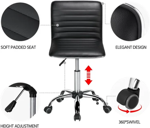 Miniatura 5 de Topeakmart Silla de trabajo con respaldo medio, respaldo bajo, de cuero, giratoria, para oficina, computadora, escritorio, retro, sin brazos, Negro