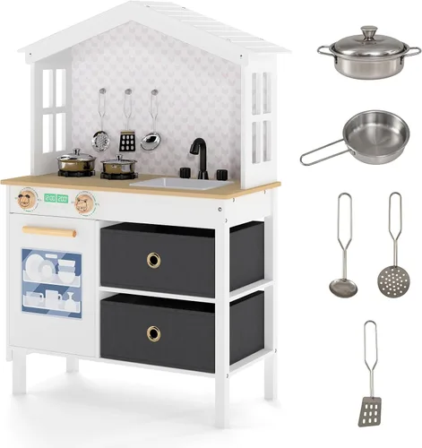 Costzon Cocina de Juguete para Niños, Juguete de Cocina Montessori Little Chef con 2 Estufas, Perillas Giratorias, Grifo, Fregadero, Lavavajillas, 2