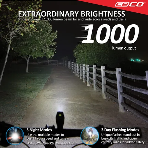 Miniatura 2 de CECO -Estados Unidos: faro delantero de 1000 lúmenes y luz trasera LED COB de 80 lúmenes para ciclistas que quieren ver lejos y ser visto desde