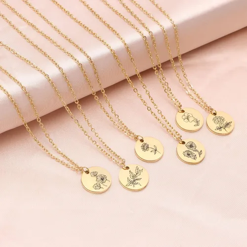 Miniatura 4 de Collar con colgante de flor del mes de nacimiento, chapado en oro de 18 quilates, delicado y sencillo mes de nacimiento, colgante de disco floral