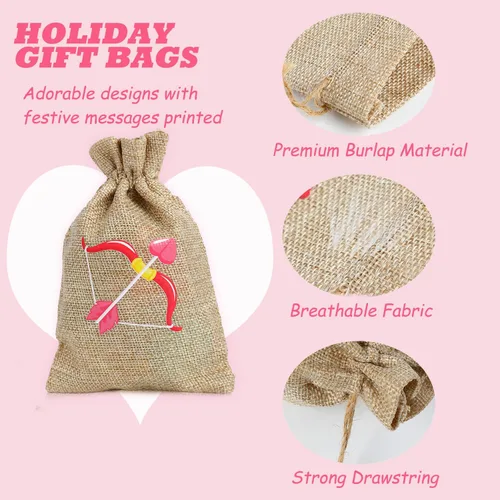 Miniatura 3 de DERAYEE 36 bolsas de regalo de arpillera para el día de San Valentín con cordón, 4 x 6 pulgadas, pequeñas bolsas de lino con corazón de San