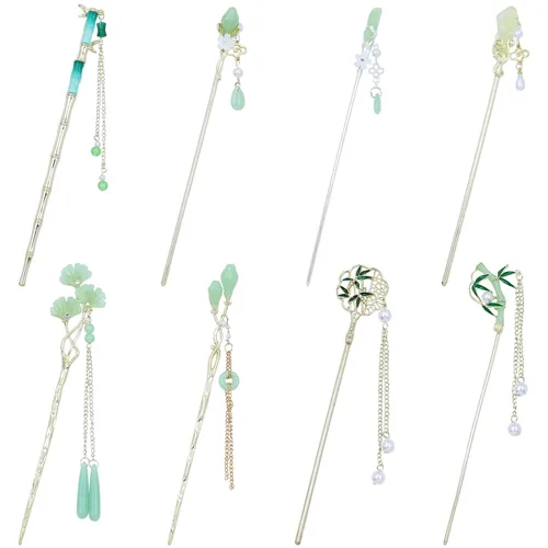 Miniatura 13 de inSowni 8 Piezas Palillos de Cabello Retro Vintage Asiáticos Chinos Tradicionales Hanfu de Metal Plateado con Colgantes de Cuentas de Perlas Flor