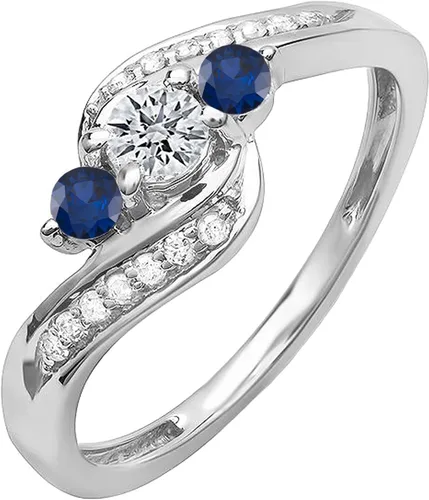 Dazzlingrock Collection Anillo nupcial redondo de 3 piedras de compromiso con diamantes azules y diamantes blancos de 18 quilates, oro blanco