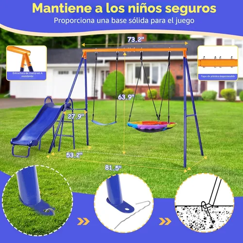 Miniatura 4 de Lunafun Juego de columpios para patio trasero con tobogán para niños, 440 libras, marco en A, 1 asiento de columpio con platillo, 1 asiento