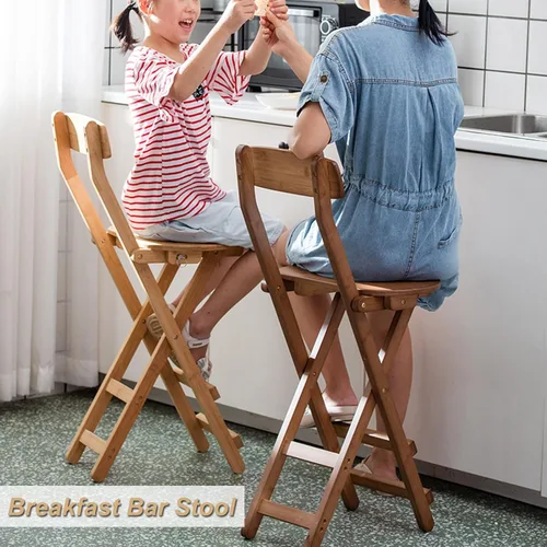 Miniatura 2 de Taburetes de bar plegables de bambú para el desayuno, taburete de cocina de 24 pulgadas/27 pulgadas con respaldo, silla alta de madera plegable