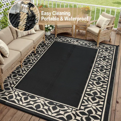 Miniatura 8 de PureCozy Alfombra de paja de plástico para exteriores, color negro, beige, grande, impermeable, para patio, 5 x 8 pulgadas, geométrica, reversible