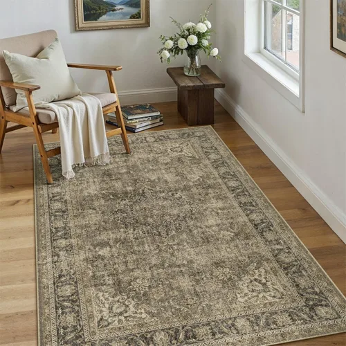 Miniatura 34 de Alfombra de área marrón lavable de 2 x 3 pies, alfombra vintage para entrada y cocina, antideslizante, suave, de pelo bajo desgastado, alfombra
