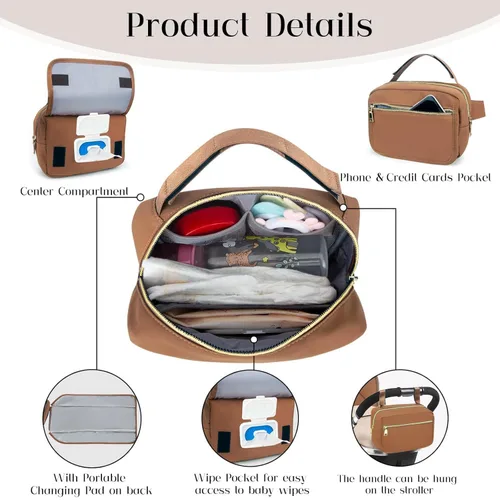 Miniatura 3 de printe Bolsa de pañales pequeña con cambiador portátil, paquete de pañales cruzado con bolsillo para toallitas, bolsa de cintura para mujer