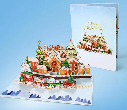 Miniatura 4 de CUTPOPUP - Tarjeta de Navidad emergente, 3D, Navidad, Año Nuevo, tarjeta de felicitación de vacaciones (ciudad de pan de jengibre)