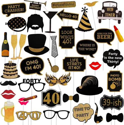 Accesorios para cabina de fotos de cumpleaños 40 – 41 piezas de decoración negra y dorada, divertidos suministros de fiesta de hitos para hombres y