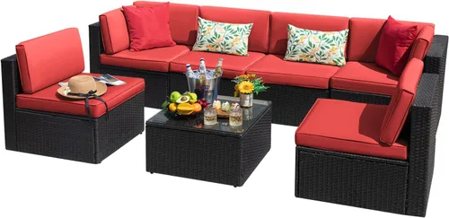 Miniatura 13 de Devoko Juego de 7 muebles seccionales para exteriores para sofá de patio, tejido manual, mimbre de mimbre, juegos de conversación para patio