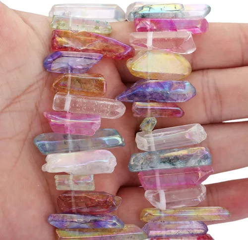 Miniatura 2 de TUMBEELLUWA Puntos de cristal de cuarzo roca, cuentas sueltas para hacer joyas, cuentas de cuarzo pulido/crudo con revestimiento de titanio de 15 #1
