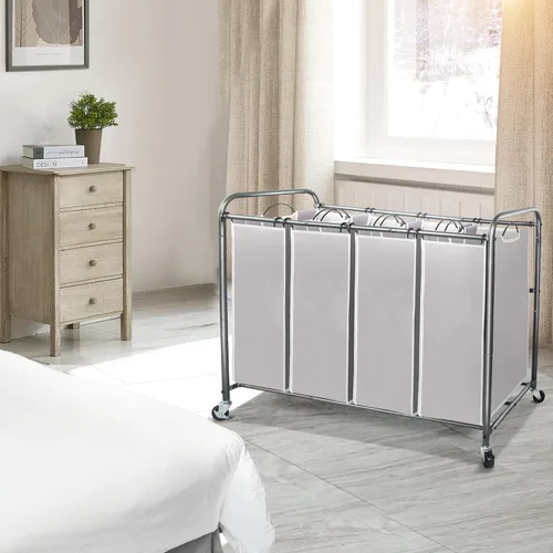 Miniatura 2 de STO STO Cesta clasificadora de ropa de 4 secciones, 4 bolsas, cesta de lavandería con ruedas resistentes con cerradura y bolsa extraíble para Gris
