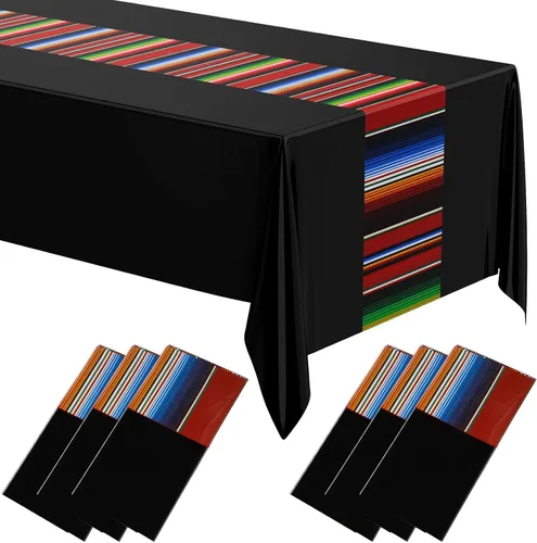 Miniatura 9 de Oudain Mantel de plástico para fiesta, 3 piezas, 108 x 54 pulgadas, desechables, impermeables, mexicanos, a rayas, para noche de tacos, festivales