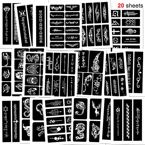Konsait 123 plantillas de tatuajes temporales grandes, 20 hojas de hombre con brillantina, kit de tatuaje, plantillas de pintura facial, plantilla
