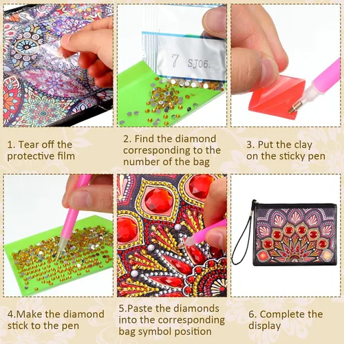 Miniatura 3 de Silkfly 6 piezas de bolsos de pintura de diamante, bolso de mano con diamantes para bricolaje, bolsas de pintura de piel sintética, cartera