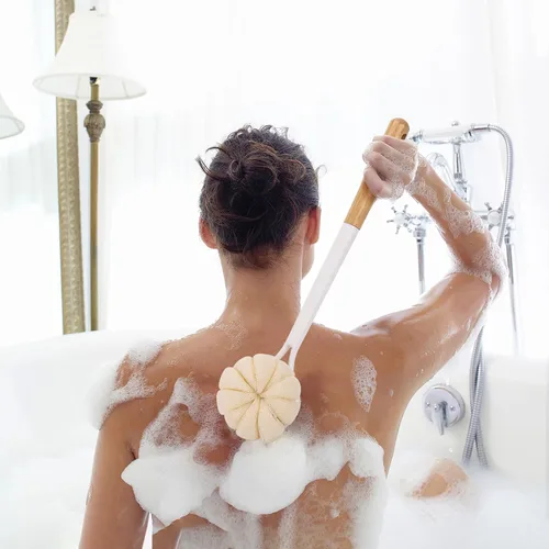 Miniatura 4 de BTYMS Cepillo de esponja de baño con mango largo para ducha de 17 pulgadas, cepillo exfoliante de doble cara, cepillo para el cuerpo de ducha