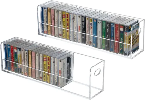 Miniatura 6 de MyGift Moderno soporte de casetes compacto de acrílico transparente de alta calidad con asas de transporte recortadas, casete de audio retro, cintas