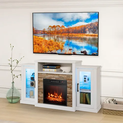 Miniatura 7 de Tangkula Soporte de TV para chimenea eléctrica, chimenea eléctrica con luces LED de 16 colores, estantes de vidrio ajustables, control remoto