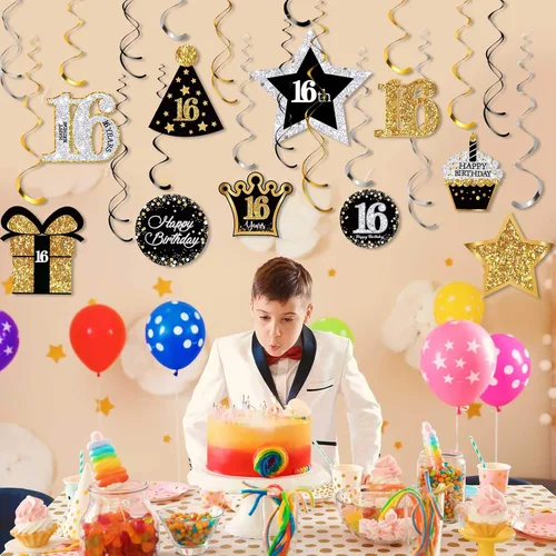 Miniatura 7 de Frienda 30 piezas de decoraciones de fiesta de cumpleaños número 16, tarjetas decorativas para fiestas de cumpleaños y remolinos colgantes