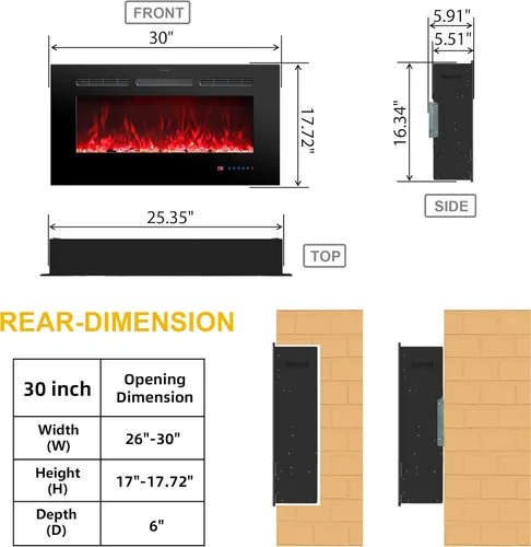 Miniatura 2 de Insertos de chimenea eléctrica de 30 pulgadas, calentador de chimenea empotrado y montado en la pared para uso en interiores con control remoto, 13