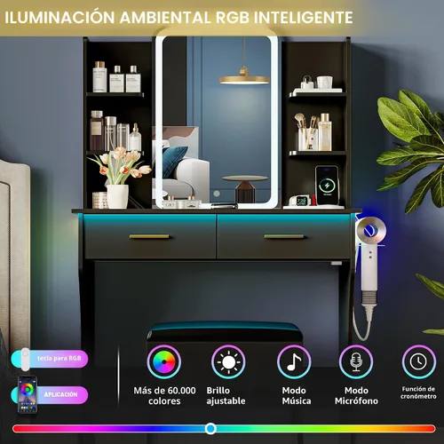 Miniatura 3 de Escritorio de tocador con espejo con luces LED y toma de corriente, pequeño juego de mesa de tocador de maquillaje con cajones de almacenamiento
