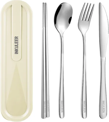 Miniatura 17 de Juego de cubiertos de viaje, cubiertos de acero inoxidable 18/8, juego de utensilios reutilizables con estuche, cubiertos portátiles para lonchera
