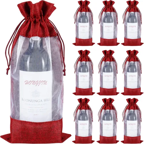 Bolsas de vino de yute, 10 bolsas de arpillera roja para botellas de 25.4 fl oz con ventana transparente, bolsas de regalo de organza con cordón de