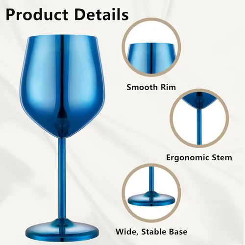 Miniatura 4 de UNISWEET Juego de 4 copas de vino de acero inoxidable irrompibles azules de 18 oz, copas de vino únicas de metal para exteriores, viajes, camping