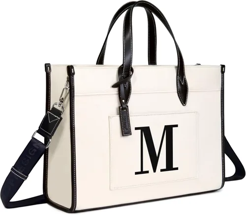 TOPDesign Initial 15.6" Laptop Tote Bag for Women, Personalized Canvas Work Purse, Business Briefcase & Office Handbag