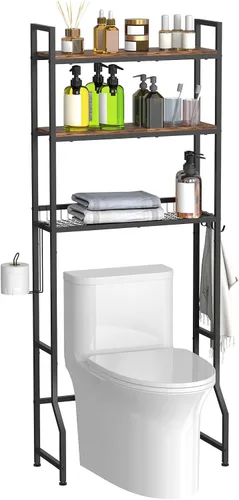 Miniatura 6 de Organizador de baño de 3 niveles sobre el inodoro, organizador de baño de madera, ahorro de espacio, soporte independiente sobre el inodoro con 4