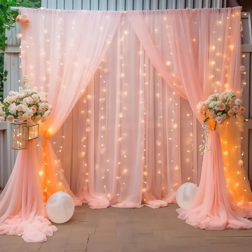 Miniatura 24 de Cortina de telón de fondo de tul negro de 10 x 10 pies con cadena de luces para fiestas, cortinas de fondo de fotos transparentes para bodas