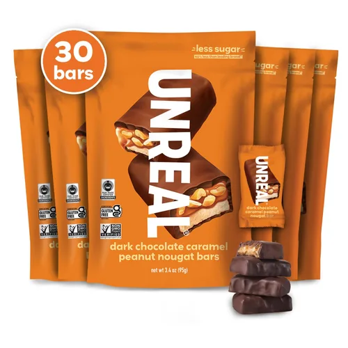 Miniatura 10 de UNREAL Barras de turrón de cacahuete con caramelo y chocolate oscuro, 70% ingredientes orgánicos, comercio justo, sin OMG, sin jarabe de maíz