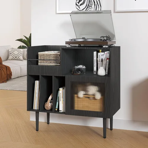 HedoAjim Soporte grande para tocadiscos con almacenamiento de vinilo, soporte para tocadiscos con puerta acrílica, mesa auxiliar para tocadiscos,
