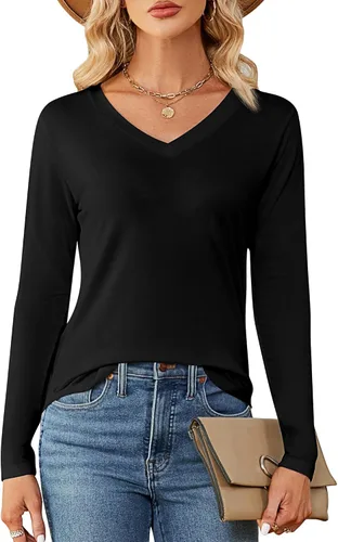 Miniatura 2 de Ficerd Paquete de 2 camisetas con cuello en V para mujer, manga corta o larga, camisetas básicas de verano casuales con dobladillo sólido