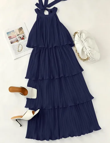 Miniatura 5 de Zesica Vestido de verano sin mangas, con cuello halter y volantes escalonados, de gasa, con vuelo, largo por debajo de la rodilla