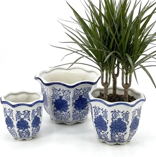 Miniatura 3 de Galt International Macetas decorativas de cerámica de porcelana floral azul y blanca 8"/6"/4.5" pulgadas, macetas de jardín con diseño chino Azul