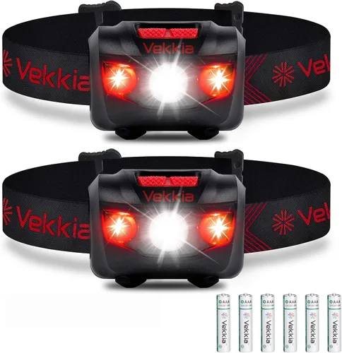 Vekkia Linterna LED ultra brillante (paquete de 2), faro de luz blanca y roja con diadema ajustable, lámpara de cabeza impermeable IPX6 para Negro