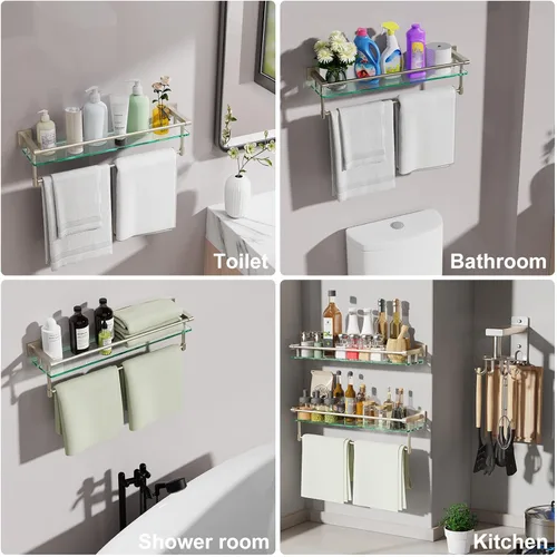 Miniatura 7 de Estantería de vidrio para baño de 24 pulgadas moderna montada en la pared con 1 estante, níquel cepillado, 1 toallero, capacidad de peso de 45 lbs