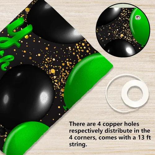 Miniatura 3 de Cartel de feliz cumpleaños 26 verde y negro, telón de fondo con texto en inglés "Cheers to 26 years old confeti", globos de confeti, decoración