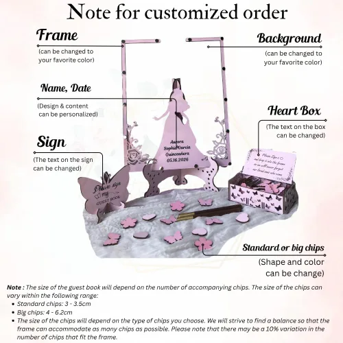 Miniatura 9 de Quinceanera Guest Book Alternative, Personalized Wooden Acrylic Princess Dress Frame with Butterfly Drop Chips, Custom Name Date Sign in Keepsake Set